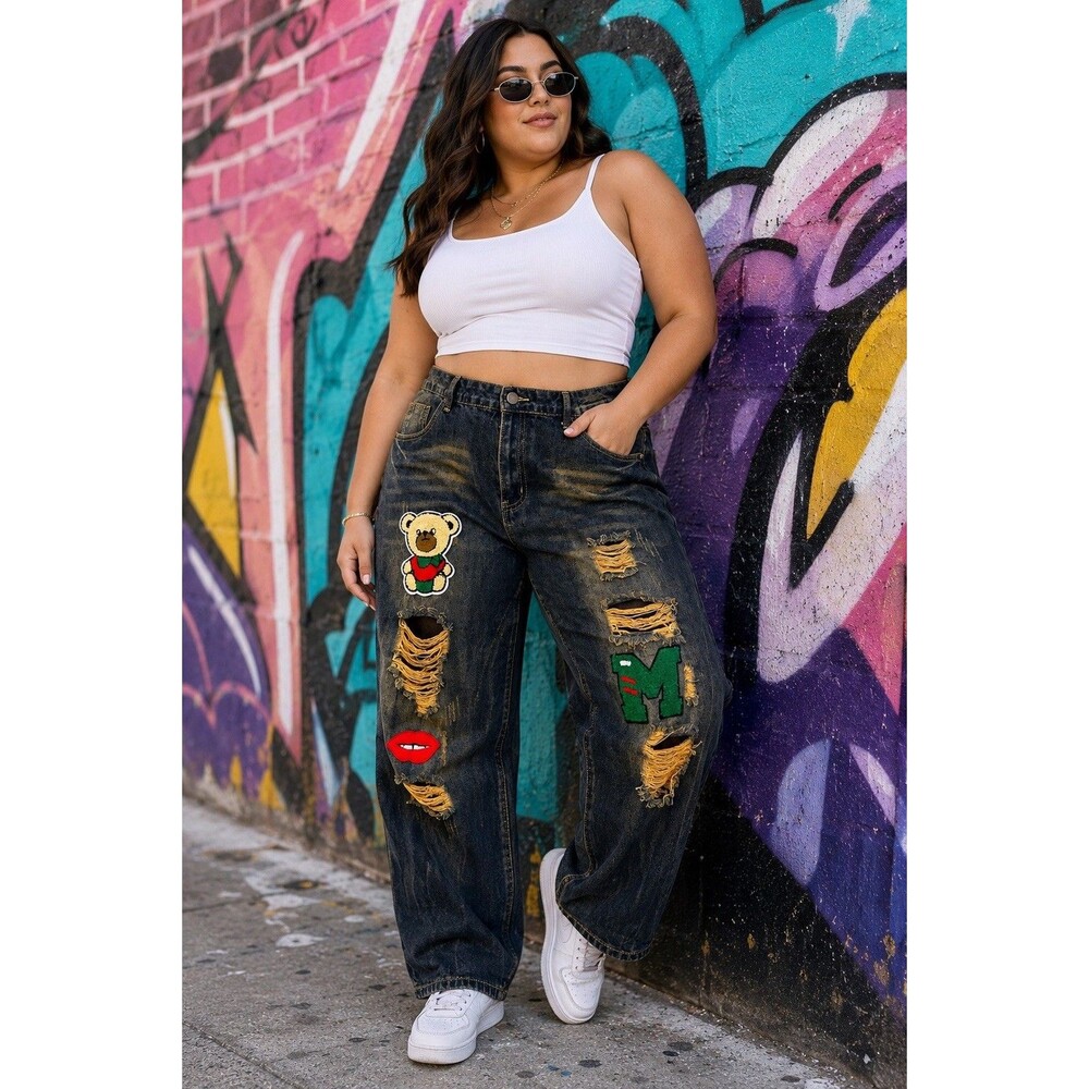 Y2K Distressed Patchwork Jeans Teddy Bear Lips Denim Women’s Plus Size 18 20